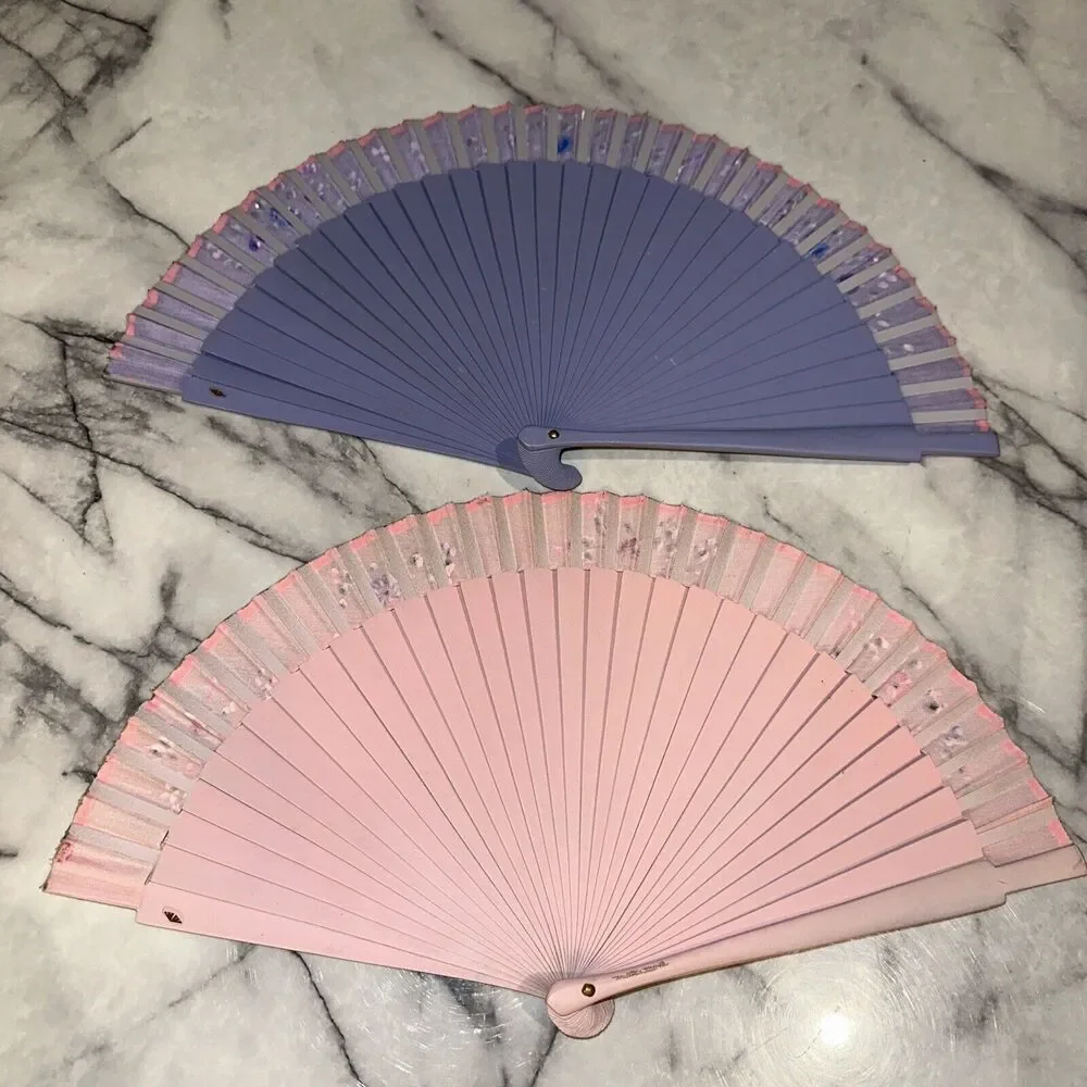 2 Vintage‎ Handpainted Wooden Foldable Hand Fans Pink Purple Flowers 17x9 Asian